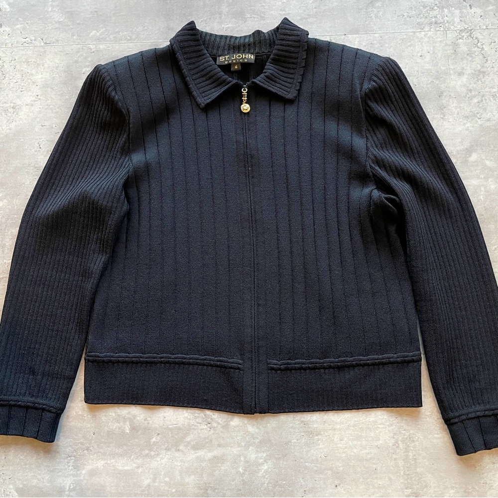 St. John Ribbed Knit Zip Sweater Jacket